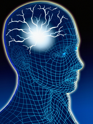 Head of human with blue grid and light in brain